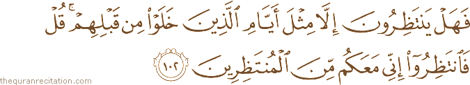 فَهَلْ يَنْتَظِرُونَ إِلَّا مِثْلَ أَيَّامِ الَّذِينَ خَلَوْا مِنْ قَبْلِهِمْ ۚ قُلْ فَانْتَظِرُوا إِنِّي مَعَكُمْ مِنَ الْمُنْتَظِرِينَ