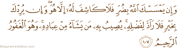 وَإِنْ يَمْسَسْكَ اللَّهُ بِضُرٍّ فَلَا كَاشِفَ لَهُ إِلَّا هُوَ ۖ وَإِنْ يُرِدْكَ بِخَيْرٍ فَلَا رَادَّ لِفَضْلِهِ ۚ يُصِيبُ بِهِ مَنْ يَشَاءُ مِنْ عِبَادِهِ ۚ وَهُوَ الْغَفُورُ الرَّحِيمُ