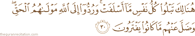 هُنَالِكَ تَبْلُو كُلُّ نَفْسٍ مَا أَسْلَفَتْ ۚ وَرُدُّوا إِلَى اللَّهِ مَوْلَاهُمُ الْحَقِّ ۖ وَضَلَّ عَنْهُمْ مَا كَانُوا يَفْتَرُونَ