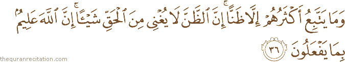 وَمَا يَتَّبِعُ أَكْثَرُهُمْ إِلَّا ظَنًّا ۚ إِنَّ الظَّنَّ لَا يُغْنِي مِنَ الْحَقِّ شَيْئًا ۚ إِنَّ اللَّهَ عَلِيمٌ بِمَا يَفْعَلُونَ