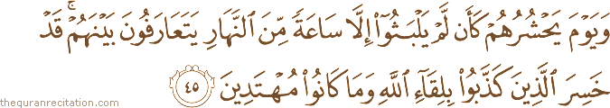 وَيَوْمَ يَحْشُرُهُمْ كَأَنْ لَمْ يَلْبَثُوا إِلَّا سَاعَةً مِنَ النَّهَارِ يَتَعَارَفُونَ بَيْنَهُمْ ۚ قَدْ خَسِرَ الَّذِينَ كَذَّبُوا بِلِقَاءِ اللَّهِ وَمَا كَانُوا مُهْتَدِينَ