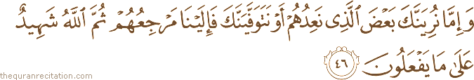 وَإِمَّا نُرِيَنَّكَ بَعْضَ الَّذِي نَعِدُهُمْ أَوْ نَتَوَفَّيَنَّكَ فَإِلَيْنَا مَرْجِعُهُمْ ثُمَّ اللَّهُ شَهِيدٌ عَلَىٰ مَا يَفْعَلُونَ