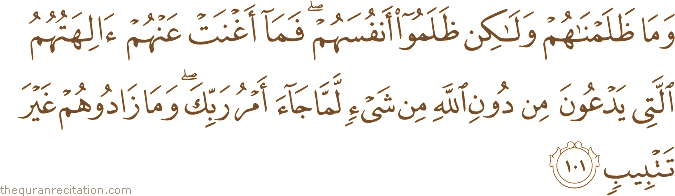 وَمَا ظَلَمْنَاهُمْ وَلَٰكِنْ ظَلَمُوا أَنْفُسَهُمْ ۖ فَمَا أَغْنَتْ عَنْهُمْ آلِهَتُهُمُ الَّتِي يَدْعُونَ مِنْ دُونِ اللَّهِ مِنْ شَيْءٍ لَمَّا جَاءَ أَمْرُ رَبِّكَ ۖ وَمَا زَادُوهُمْ غَيْرَ تَتْبِيبٍ