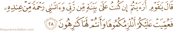 قَالَ يَا قَوْمِ أَرَأَيْتُمْ إِنْ كُنْتُ عَلَىٰ بَيِّنَةٍ مِنْ رَبِّي وَآتَانِي رَحْمَةً مِنْ عِنْدِهِ فَعُمِّيَتْ عَلَيْكُمْ أَنُلْزِمُكُمُوهَا وَأَنْتُمْ لَهَا كَارِهُونَ