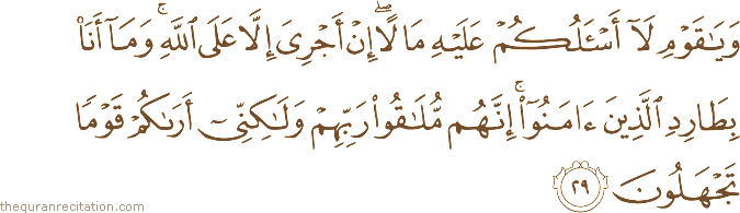 وَيَا قَوْمِ لَا أَسْأَلُكُمْ عَلَيْهِ مَالًا ۖ إِنْ أَجْرِيَ إِلَّا عَلَى اللَّهِ ۚ وَمَا أَنَا بِطَارِدِ الَّذِينَ آمَنُوا ۚ إِنَّهُمْ مُلَاقُو رَبِّهِمْ وَلَٰكِنِّي أَرَاكُمْ قَوْمًا تَجْهَلُونَ