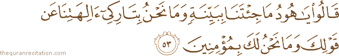 قَالُوا يَا هُودُ مَا جِئْتَنَا بِبَيِّنَةٍ وَمَا نَحْنُ بِتَارِكِي آلِهَتِنَا عَنْ قَوْلِكَ وَمَا نَحْنُ لَكَ بِمُؤْمِنِينَ