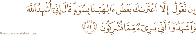 إِنْ نَقُولُ إِلَّا اعْتَرَاكَ بَعْضُ آلِهَتِنَا بِسُوءٍ ۗ قَالَ إِنِّي أُشْهِدُ اللَّهَ وَاشْهَدُوا أَنِّي بَرِيءٌ مِمَّا تُشْرِكُونَ