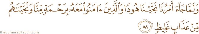 وَلَمَّا جَاءَ أَمْرُنَا نَجَّيْنَا هُودًا وَالَّذِينَ آمَنُوا مَعَهُ بِرَحْمَةٍ مِنَّا وَنَجَّيْنَاهُمْ مِنْ عَذَابٍ غَلِيظٍ