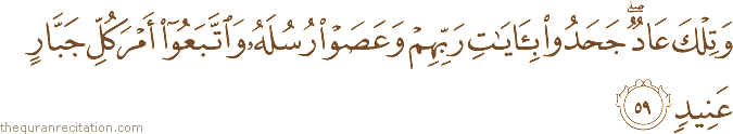 وَتِلْكَ عَادٌ ۖ جَحَدُوا بِآيَاتِ رَبِّهِمْ وَعَصَوْا رُسُلَهُ وَاتَّبَعُوا أَمْرَ كُلِّ جَبَّارٍ عَنِيدٍ