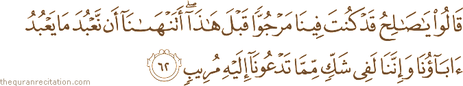 قَالُوا يَا صَالِحُ قَدْ كُنْتَ فِينَا مَرْجُوًّا قَبْلَ هَٰذَا ۖ أَتَنْهَانَا أَنْ نَعْبُدَ مَا يَعْبُدُ آبَاؤُنَا وَإِنَّنَا لَفِي شَكٍّ مِمَّا تَدْعُونَا إِلَيْهِ مُرِيبٍ