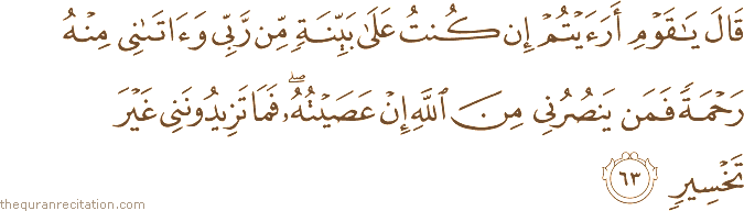 قَالَ يَا قَوْمِ أَرَأَيْتُمْ إِنْ كُنْتُ عَلَىٰ بَيِّنَةٍ مِنْ رَبِّي وَآتَانِي مِنْهُ رَحْمَةً فَمَنْ يَنْصُرُنِي مِنَ اللَّهِ إِنْ عَصَيْتُهُ ۖ فَمَا تَزِيدُونَنِي غَيْرَ تَخْسِيرٍ