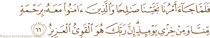 فَلَمَّا جَاءَ أَمْرُنَا نَجَّيْنَا صَالِحًا وَالَّذِينَ آمَنُوا مَعَهُ بِرَحْمَةٍ مِنَّا وَمِنْ خِزْيِ يَوْمِئِذٍ ۗ إِنَّ رَبَّكَ هُوَ الْقَوِيُّ الْعَزِيزُ