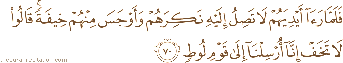فَلَمَّا رَأَىٰ أَيْدِيَهُمْ لَا تَصِلُ إِلَيْهِ نَكِرَهُمْ وَأَوْجَسَ مِنْهُمْ خِيفَةً ۚ قَالُوا لَا تَخَفْ إِنَّا أُرْسِلْنَا إِلَىٰ قَوْمِ لُوطٍ