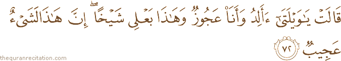 قَالَتْ يَا وَيْلَتَىٰ أَأَلِدُ وَأَنَا عَجُوزٌ وَهَٰذَا بَعْلِي شَيْخًا ۖ إِنَّ هَٰذَا لَشَيْءٌ عَجِيبٌ