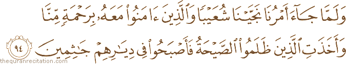 وَلَمَّا جَاءَ أَمْرُنَا نَجَّيْنَا شُعَيْبًا وَالَّذِينَ آمَنُوا مَعَهُ بِرَحْمَةٍ مِنَّا وَأَخَذَتِ الَّذِينَ ظَلَمُوا الصَّيْحَةُ فَأَصْبَحُوا فِي دِيَارِهِمْ جَاثِمِينَ