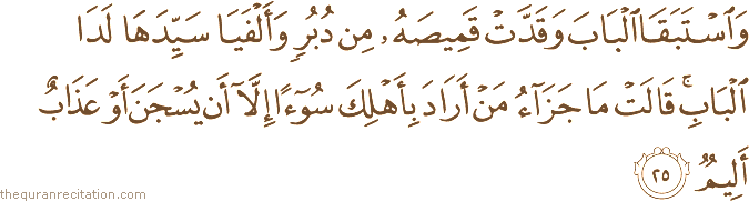 وَاسْتَبَقَا الْبَابَ وَقَدَّتْ قَمِيصَهُ مِنْ دُبُرٍ وَأَلْفَيَا سَيِّدَهَا لَدَى الْبَابِ ۚ قَالَتْ مَا جَزَاءُ مَنْ أَرَادَ بِأَهْلِكَ سُوءًا إِلَّا أَنْ يُسْجَنَ أَوْ عَذَابٌ أَلِيمٌ