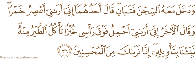 وَدَخَلَ مَعَهُ السِّجْنَ فَتَيَانِ ۖ قَالَ أَحَدُهُمَا إِنِّي أَرَانِي أَعْصِرُ خَمْرًا ۖ وَقَالَ الْآخَرُ إِنِّي أَرَانِي أَحْمِلُ فَوْقَ رَأْسِي خُبْزًا تَأْكُلُ الطَّيْرُ مِنْهُ ۖ نَبِّئْنَا بِتَأْوِيلِهِ ۖ إِنَّا نَرَاكَ مِنَ الْمُحْسِنِينَ