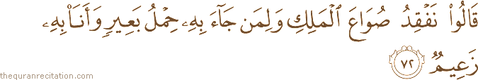 قَالُوا نَفْقِدُ صُوَاعَ الْمَلِكِ وَلِمَنْ جَاءَ بِهِ حِمْلُ بَعِيرٍ وَأَنَا بِهِ زَعِيمٌ