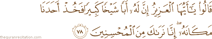 قَالُوا يَا أَيُّهَا الْعَزِيزُ إِنَّ لَهُ أَبًا شَيْخًا كَبِيرًا فَخُذْ أَحَدَنَا مَكَانَهُ ۖ إِنَّا نَرَاكَ مِنَ الْمُحْسِنِينَ