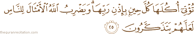 تُؤْتِي أُكُلَهَا كُلَّ حِينٍ بِإِذْنِ رَبِّهَا ۗ وَيَضْرِبُ اللَّهُ الْأَمْثَالَ لِلنَّاسِ لَعَلَّهُمْ يَتَذَكَّرُونَ