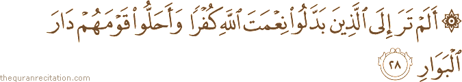 أَلَمْ تَرَ إِلَى الَّذِينَ بَدَّلُوا نِعْمَتَ اللَّهِ كُفْرًا وَأَحَلُّوا قَوْمَهُمْ دَارَ الْبَوَارِ