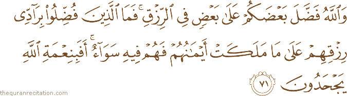 وَاللَّهُ فَضَّلَ بَعْضَكُمْ عَلَىٰ بَعْضٍ فِي الرِّزْقِ ۚ فَمَا الَّذِينَ فُضِّلُوا بِرَادِّي رِزْقِهِمْ عَلَىٰ مَا مَلَكَتْ أَيْمَانُهُمْ فَهُمْ فِيهِ سَوَاءٌ ۚ أَفَبِنِعْمَةِ اللَّهِ يَجْحَدُونَ