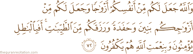 وَاللَّهُ جَعَلَ لَكُمْ مِنْ أَنْفُسِكُمْ أَزْوَاجًا وَجَعَلَ لَكُمْ مِنْ أَزْوَاجِكُمْ بَنِينَ وَحَفَدَةً وَرَزَقَكُمْ مِنَ الطَّيِّبَاتِ ۚ أَفَبِالْبَاطِلِ يُؤْمِنُونَ وَبِنِعْمَتِ اللَّهِ هُمْ يَكْفُرُونَ
