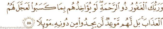 وَرَبُّكَ الْغَفُورُ ذُو الرَّحْمَةِ ۖ لَوْ يُؤَاخِذُهُمْ بِمَا كَسَبُوا لَعَجَّلَ لَهُمُ الْعَذَابَ ۚ بَلْ لَهُمْ مَوْعِدٌ لَنْ يَجِدُوا مِنْ دُونِهِ مَوْئِلًا