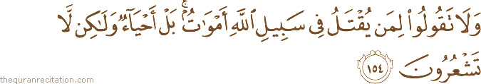 وَلَا تَقُولُوا لِمَنْ يُقْتَلُ فِي سَبِيلِ اللَّهِ أَمْوَاتٌ ۚ بَلْ أَحْيَاءٌ وَلَٰكِنْ لَا تَشْعُرُونَ