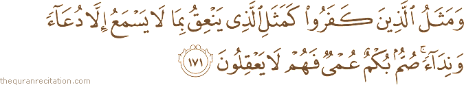وَمَثَلُ الَّذِينَ كَفَرُوا كَمَثَلِ الَّذِي يَنْعِقُ بِمَا لَا يَسْمَعُ إِلَّا دُعَاءً وَنِدَاءً ۚ صُمٌّ بُكْمٌ عُمْيٌ فَهُمْ لَا يَعْقِلُونَ