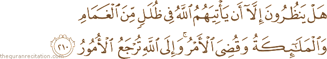 هَلْ يَنْظُرُونَ إِلَّا أَنْ يَأْتِيَهُمُ اللَّهُ فِي ظُلَلٍ مِنَ الْغَمَامِ وَالْمَلَائِكَةُ وَقُضِيَ الْأَمْرُ ۚ وَإِلَى اللَّهِ تُرْجَعُ الْأُمُورُ