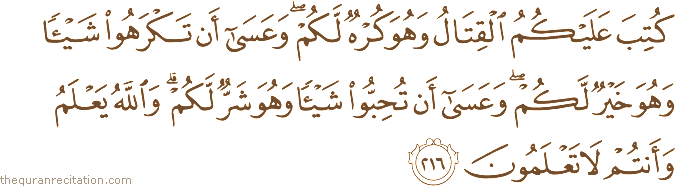 كُتِبَ عَلَيْكُمُ الْقِتَالُ وَهُوَ كُرْهٌ لَكُمْ ۖ وَعَسَىٰ أَنْ تَكْرَهُوا شَيْئًا وَهُوَ خَيْرٌ لَكُمْ ۖ وَعَسَىٰ أَنْ تُحِبُّوا شَيْئًا وَهُوَ شَرٌّ لَكُمْ ۗ وَاللَّهُ يَعْلَمُ وَأَنْتُمْ لَا تَعْلَمُونَ