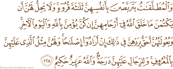وَالْمُطَلَّقَاتُ يَتَرَبَّصْنَ بِأَنْفُسِهِنَّ ثَلَاثَةَ قُرُوءٍ ۚ وَلَا يَحِلُّ لَهُنَّ أَنْ يَكْتُمْنَ مَا خَلَقَ اللَّهُ فِي أَرْحَامِهِنَّ إِنْ كُنَّ يُؤْمِنَّ بِاللَّهِ وَالْيَوْمِ الْآخِرِ ۚ وَبُعُولَتُهُنَّ أَحَقُّ بِرَدِّهِنَّ فِي ذَٰلِكَ إِنْ أَرَادُوا إِصْلَاحًا ۚ وَلَهُنَّ مِثْلُ الَّذِي عَلَيْهِنَّ بِالْمَعْرُوفِ ۚ وَلِلرِّجَالِ عَلَيْهِنَّ دَرَجَةٌ ۗ وَاللَّهُ عَزِيزٌ حَكِيمٌ