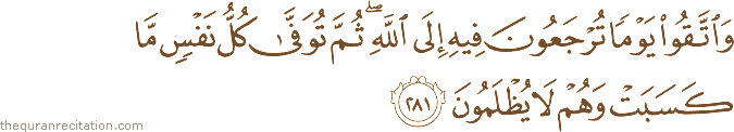 وَاتَّقُوا يَوْمًا تُرْجَعُونَ فِيهِ إِلَى اللَّهِ ۖ ثُمَّ تُوَفَّىٰ كُلُّ نَفْسٍ مَا كَسَبَتْ وَهُمْ لَا يُظْلَمُونَ
