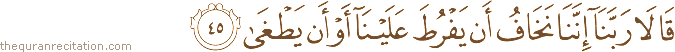 قَالَا رَبَّنَا إِنَّنَا نَخَافُ أَنْ يَفْرُطَ عَلَيْنَا أَوْ أَنْ يَطْغَىٰ