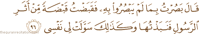 قَالَ بَصُرْتُ بِمَا لَمْ يَبْصُرُوا بِهِ فَقَبَضْتُ قَبْضَةً مِنْ أَثَرِ الرَّسُولِ فَنَبَذْتُهَا وَكَذَٰلِكَ سَوَّلَتْ لِي نَفْسِي