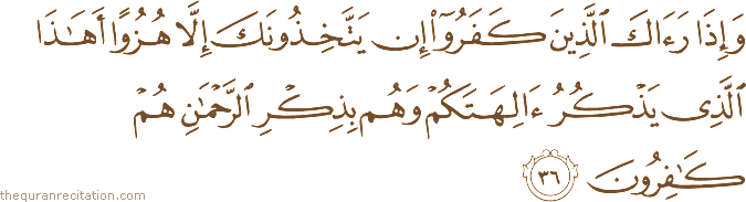 وَإِذَا رَآكَ الَّذِينَ كَفَرُوا إِنْ يَتَّخِذُونَكَ إِلَّا هُزُوًا أَهَٰذَا الَّذِي يَذْكُرُ آلِهَتَكُمْ وَهُمْ بِذِكْرِ الرَّحْمَٰنِ هُمْ كَافِرُونَ
