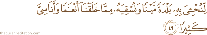 لِنُحْيِيَ بِهِ بَلْدَةً مَيْتًا وَنُسْقِيَهُ مِمَّا خَلَقْنَا أَنْعَامًا وَأَنَاسِيَّ كَثِيرًا