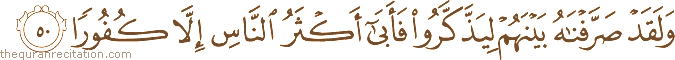 وَلَقَدْ صَرَّفْنَاهُ بَيْنَهُمْ لِيَذَّكَّرُوا فَأَبَىٰ أَكْثَرُ النَّاسِ إِلَّا كُفُورًا