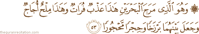 وَهُوَ الَّذِي مَرَجَ الْبَحْرَيْنِ هَٰذَا عَذْبٌ فُرَاتٌ وَهَٰذَا مِلْحٌ أُجَاجٌ وَجَعَلَ بَيْنَهُمَا بَرْزَخًا وَحِجْرًا مَحْجُورًا