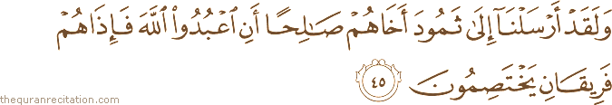 وَلَقَدْ أَرْسَلْنَا إِلَىٰ ثَمُودَ أَخَاهُمْ صَالِحًا أَنِ اعْبُدُوا اللَّهَ فَإِذَا هُمْ فَرِيقَانِ يَخْتَصِمُونَ