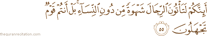 أَئِنَّكُمْ لَتَأْتُونَ الرِّجَالَ شَهْوَةً مِنْ دُونِ النِّسَاءِ ۚ بَلْ أَنْتُمْ قَوْمٌ تَجْهَلُونَ