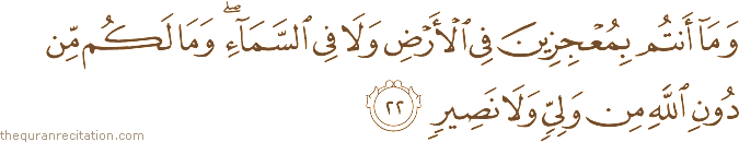 وَمَا أَنْتُمْ بِمُعْجِزِينَ فِي الْأَرْضِ وَلَا فِي السَّمَاءِ ۖ وَمَا لَكُمْ مِنْ دُونِ اللَّهِ مِنْ وَلِيٍّ وَلَا نَصِيرٍ