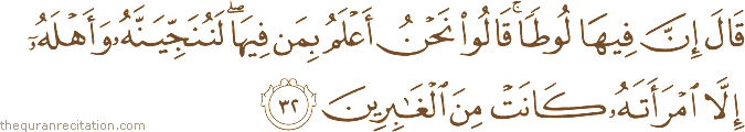 قَالَ إِنَّ فِيهَا لُوطًا ۚ قَالُوا نَحْنُ أَعْلَمُ بِمَنْ فِيهَا ۖ لَنُنَجِّيَنَّهُ وَأَهْلَهُ إِلَّا امْرَأَتَهُ كَانَتْ مِنَ الْغَابِرِينَ