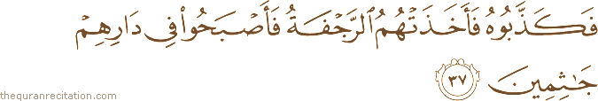 فَكَذَّبُوهُ فَأَخَذَتْهُمُ الرَّجْفَةُ فَأَصْبَحُوا فِي دَارِهِمْ جَاثِمِينَ