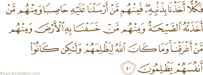 فَكُلًّا أَخَذْنَا بِذَنْبِهِ ۖ فَمِنْهُمْ مَنْ أَرْسَلْنَا عَلَيْهِ حَاصِبًا وَمِنْهُمْ مَنْ أَخَذَتْهُ الصَّيْحَةُ وَمِنْهُمْ مَنْ خَسَفْنَا بِهِ الْأَرْضَ وَمِنْهُمْ مَنْ أَغْرَقْنَا ۚ وَمَا كَانَ اللَّهُ لِيَظْلِمَهُمْ وَلَٰكِنْ كَانُوا أَنْفُسَهُمْ يَظْلِمُونَ