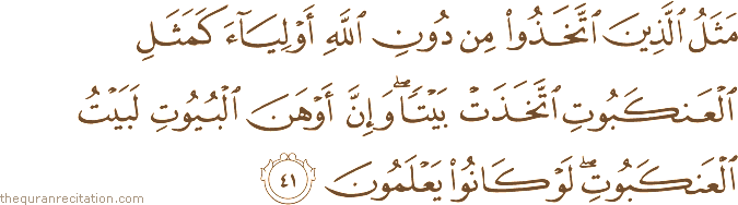 مَثَلُ الَّذِينَ اتَّخَذُوا مِنْ دُونِ اللَّهِ أَوْلِيَاءَ كَمَثَلِ الْعَنْكَبُوتِ اتَّخَذَتْ بَيْتًا ۖ وَإِنَّ أَوْهَنَ الْبُيُوتِ لَبَيْتُ الْعَنْكَبُوتِ ۖ لَوْ كَانُوا يَعْلَمُونَ