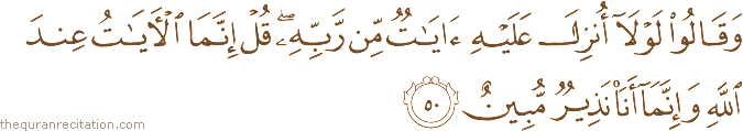 وَقَالُوا لَوْلَا أُنْزِلَ عَلَيْهِ آيَاتٌ مِنْ رَبِّهِ ۖ قُلْ إِنَّمَا الْآيَاتُ عِنْدَ اللَّهِ وَإِنَّمَا أَنَا نَذِيرٌ مُبِينٌ