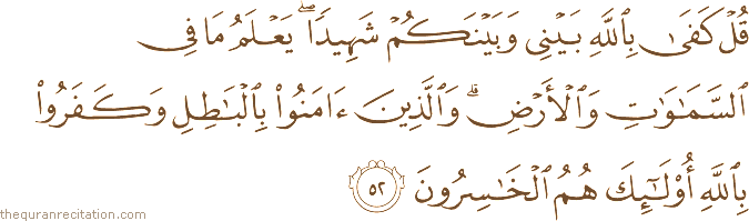 قُلْ كَفَىٰ بِاللَّهِ بَيْنِي وَبَيْنَكُمْ شَهِيدًا ۖ يَعْلَمُ مَا فِي السَّمَاوَاتِ وَالْأَرْضِ ۗ وَالَّذِينَ آمَنُوا بِالْبَاطِلِ وَكَفَرُوا بِاللَّهِ أُولَٰئِكَ هُمُ الْخَاسِرُونَ