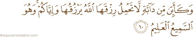 وَكَأَيِّنْ مِنْ دَابَّةٍ لَا تَحْمِلُ رِزْقَهَا اللَّهُ يَرْزُقُهَا وَإِيَّاكُمْ ۚ وَهُوَ السَّمِيعُ الْعَلِيمُ
